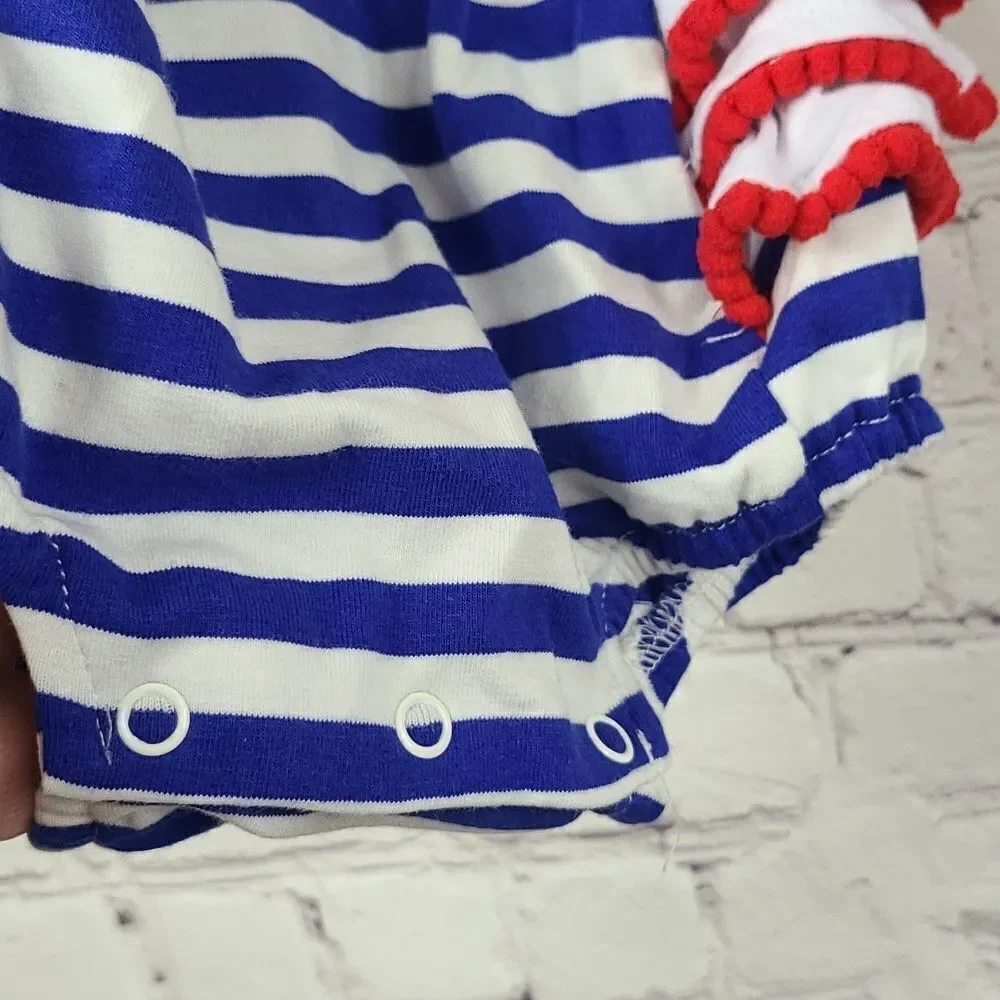 NWT Baby Girl American Flag Appliqué Striped Pom Ruffle Bubble Romper Outfit 3M